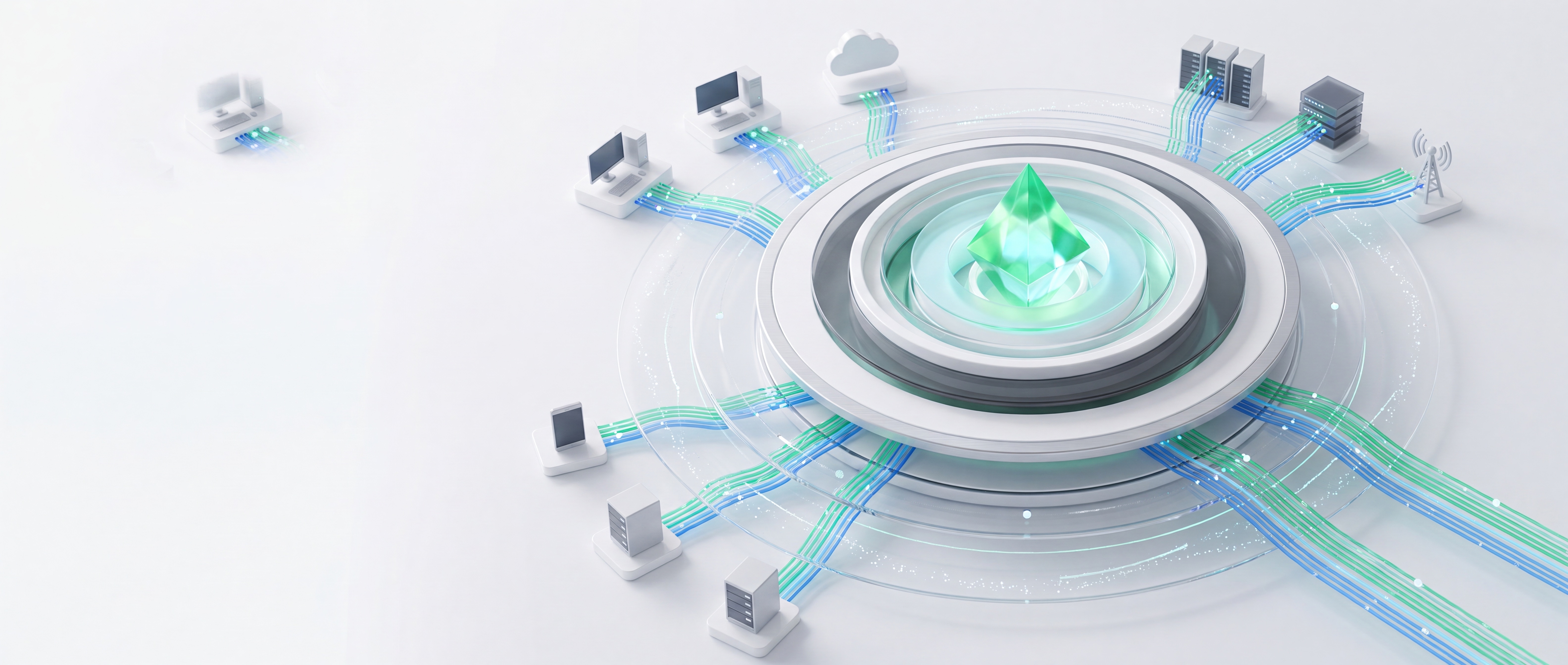 Visualisierung der WizIdentity Plattform mit zentralem Identitätskern und angebundenen Systemen